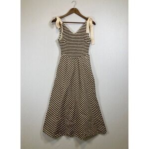 Earthy Minimalist Striped Smocked Midi Dress Women Size M Brown Cream Cotton